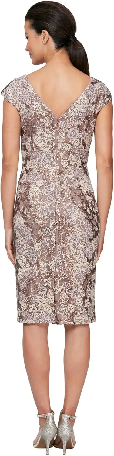 Alex Evenings Women's Short Knee Length Floral Embroidered Cocktail Sheath Dress