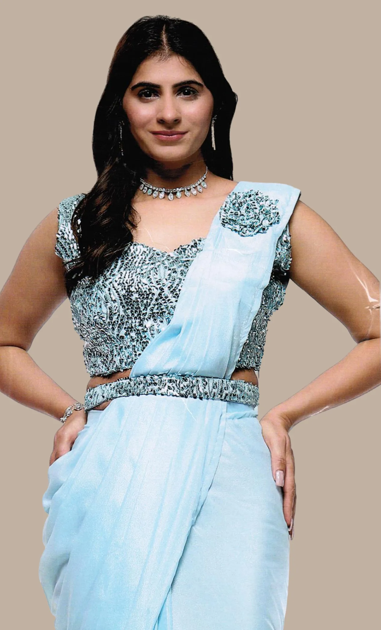 Baby Blue Ready Sari With Ready Made Blouse