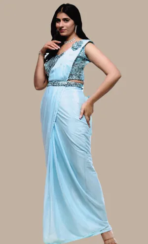 Baby Blue Ready Sari With Ready Made Blouse