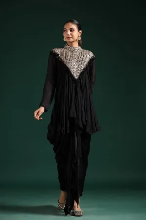 Black Gota Embroidered Chinon Silk Draped Skirt & Top