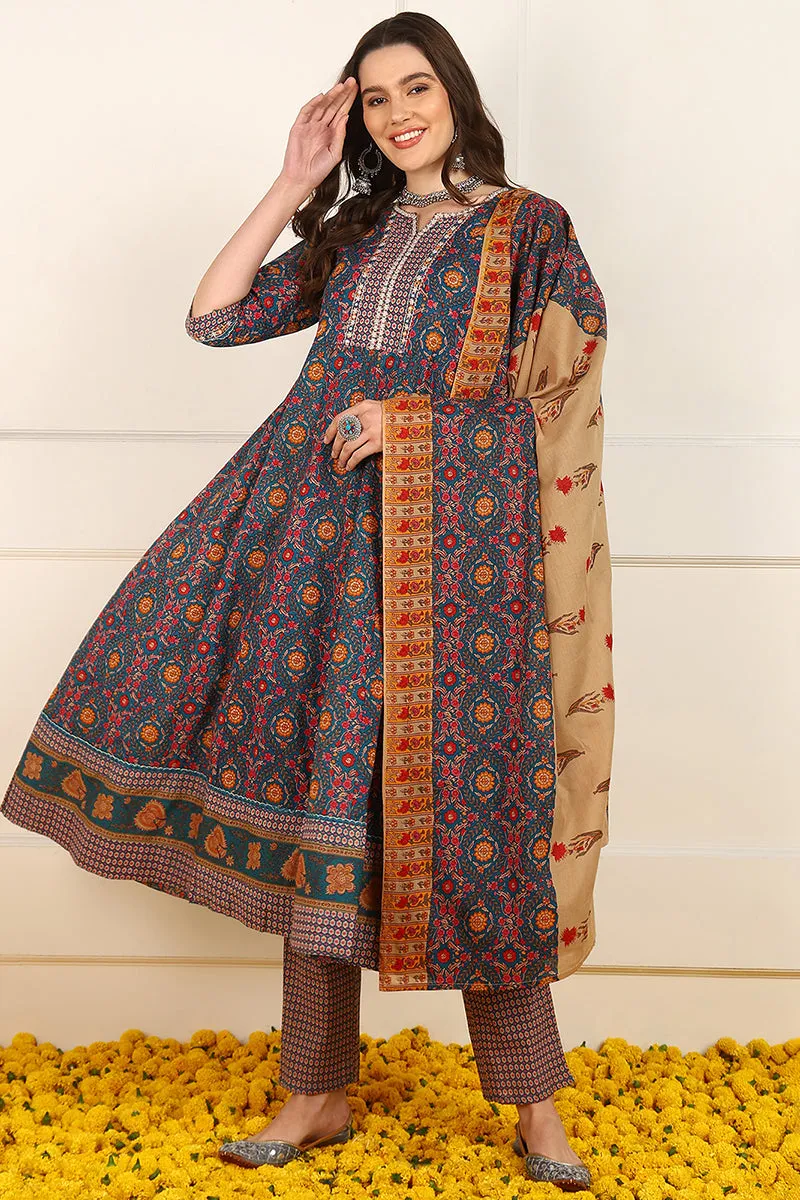 Blue Cotton Floral Printed Embroidered Anarkali Suit Set