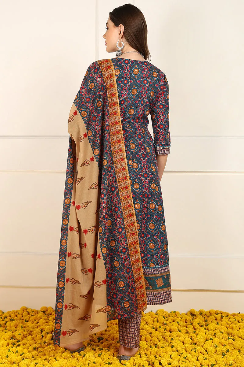 Blue Cotton Floral Printed Embroidered Anarkali Suit Set