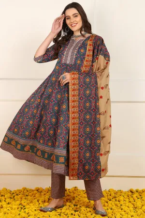Blue Cotton Floral Printed Embroidered Anarkali Suit Set