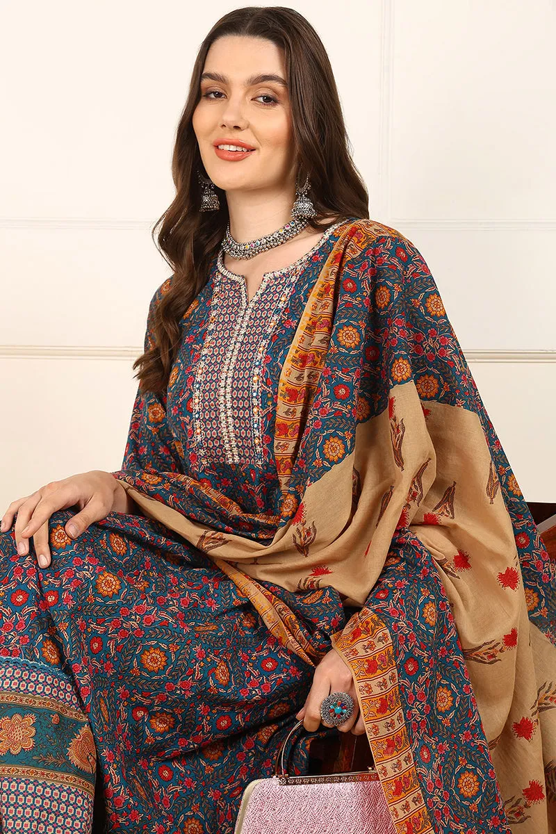 Blue Cotton Floral Printed Embroidered Anarkali Suit Set