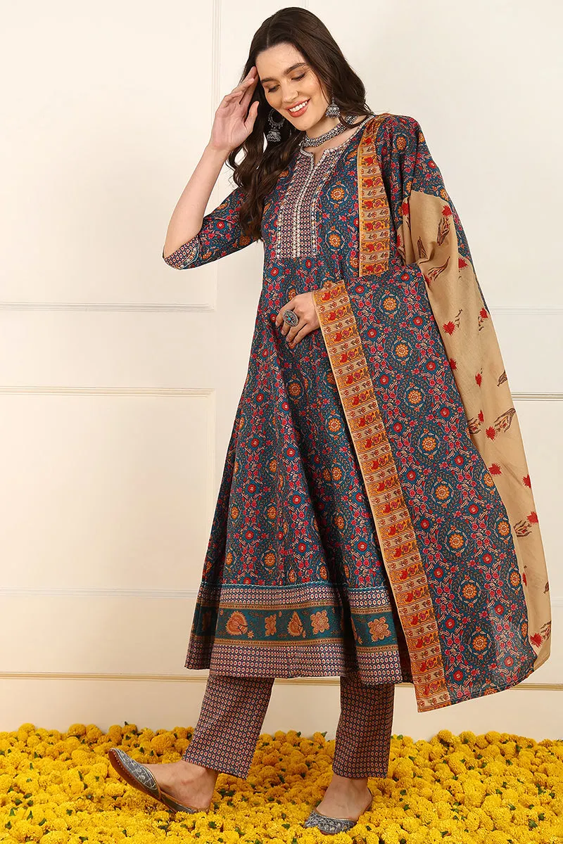 Blue Cotton Floral Printed Embroidered Anarkali Suit Set