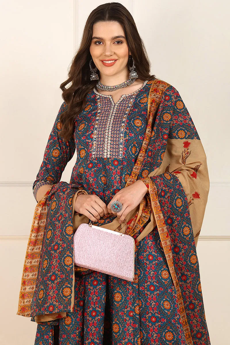 Blue Cotton Floral Printed Embroidered Anarkali Suit Set