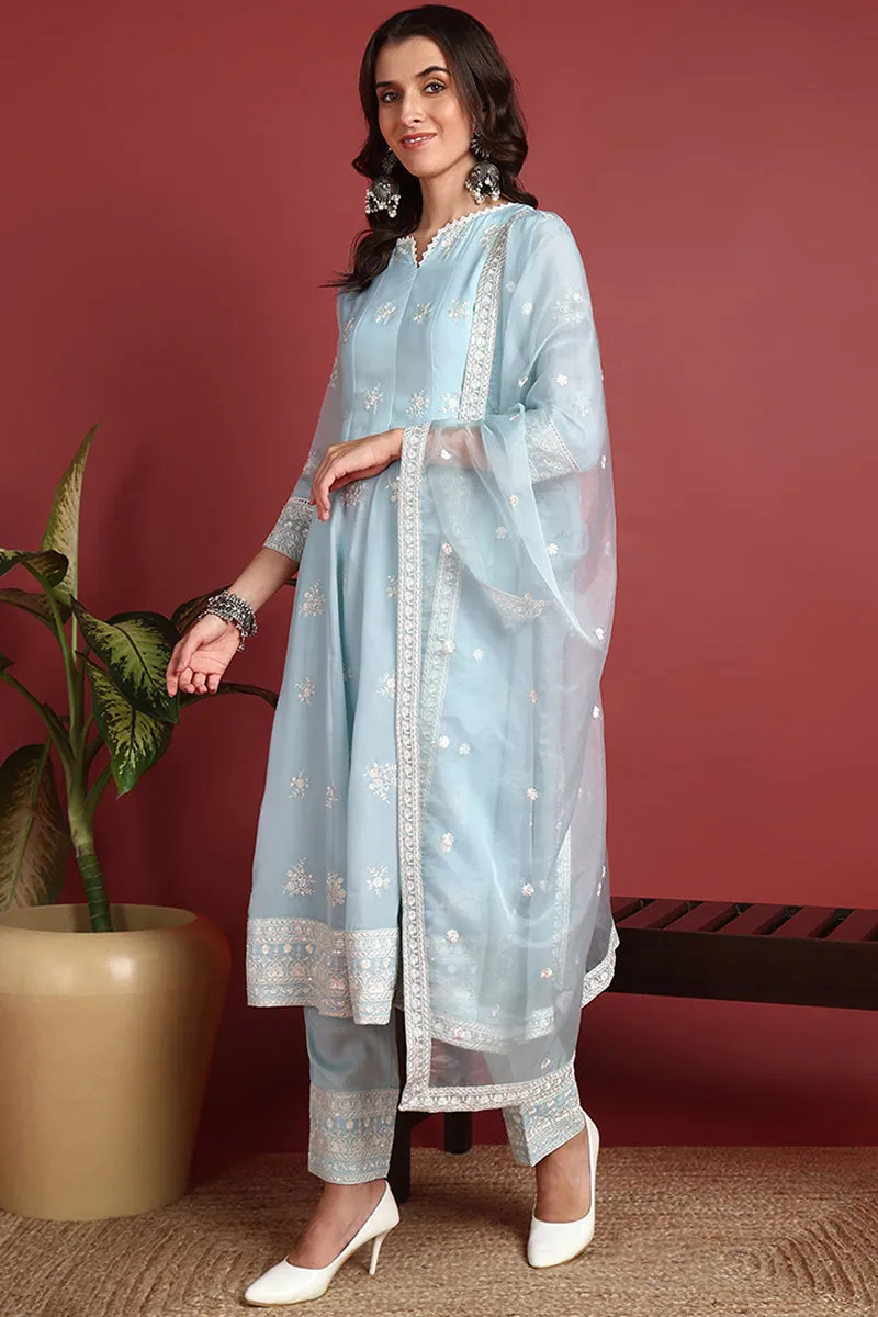 Blue Organza Solid Dyed A Line Suit Set