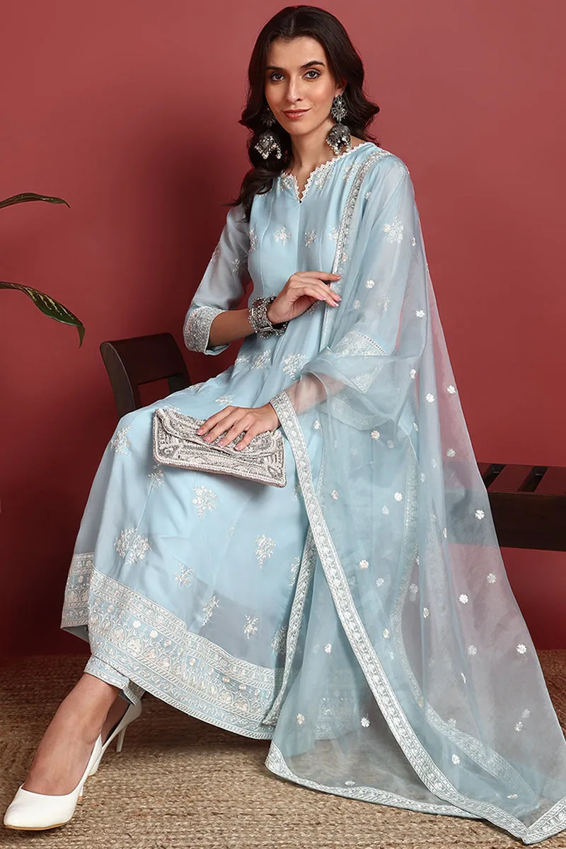 Blue Organza Solid Dyed A Line Suit Set
