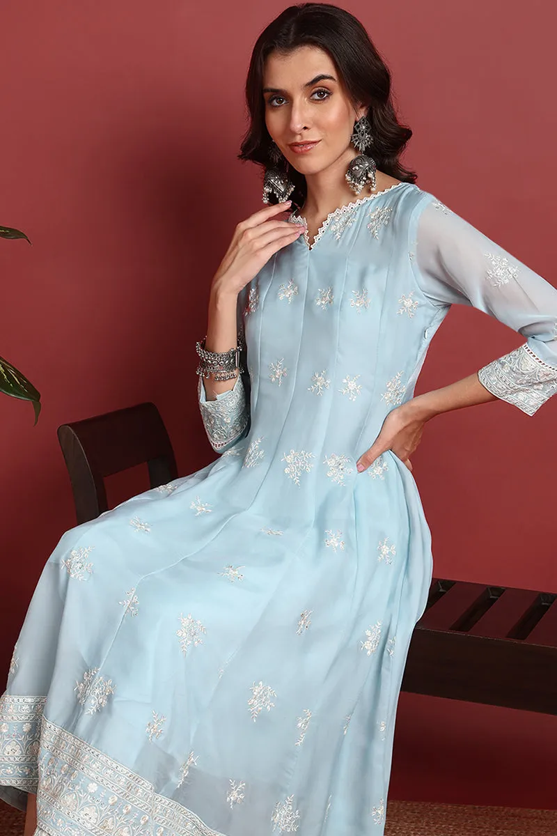Blue Organza Solid Dyed A Line Suit Set