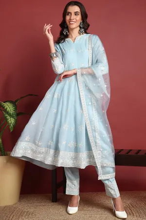 Blue Organza Solid Dyed A Line Suit Set