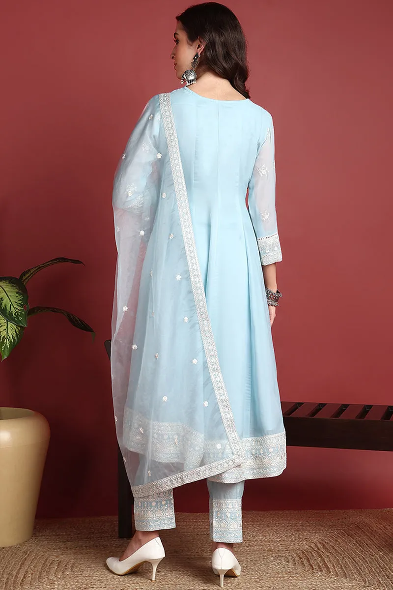 Blue Organza Solid Dyed A Line Suit Set