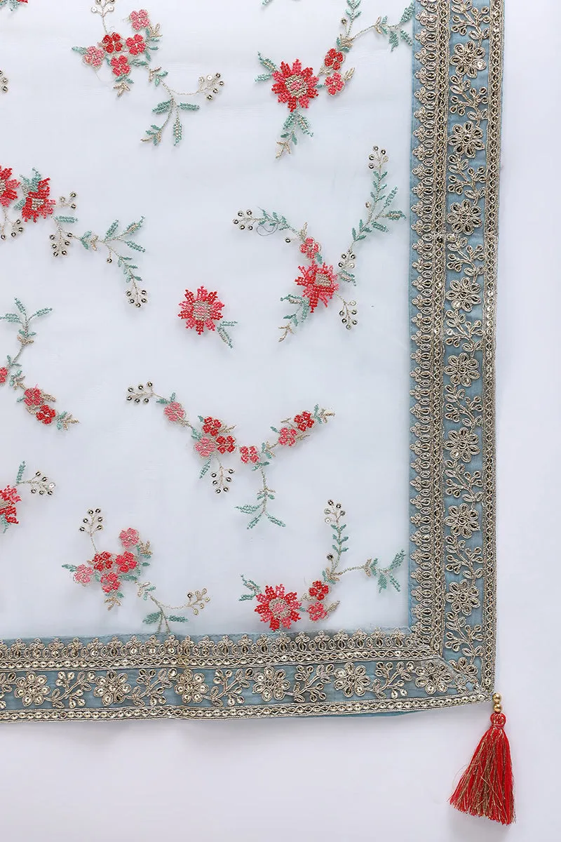 Blue Viscose Rayon Woven Design Embroidered Straight Suit Set