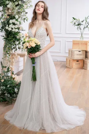 Bohemian Lace Tulle Criss-Cross Back Oyster Wedding Dress