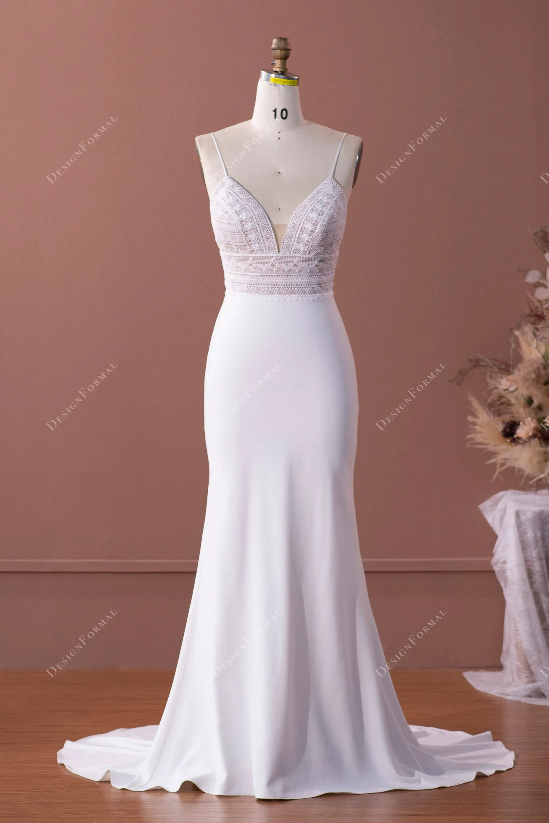 Boho Lace Plunging Empire Elegant Crepe Mermaid Wedding Dress