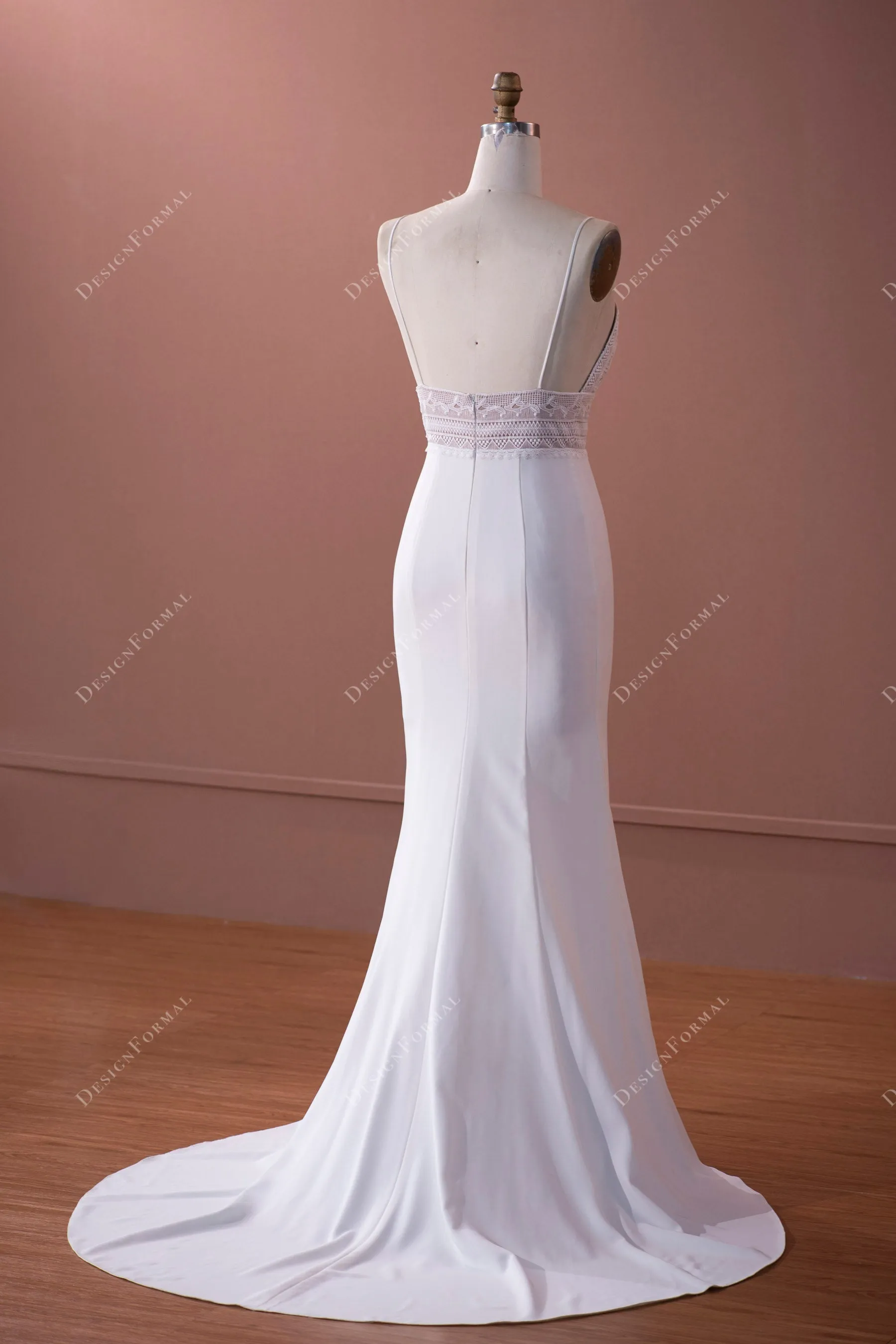Boho Lace Plunging Empire Elegant Crepe Mermaid Wedding Dress