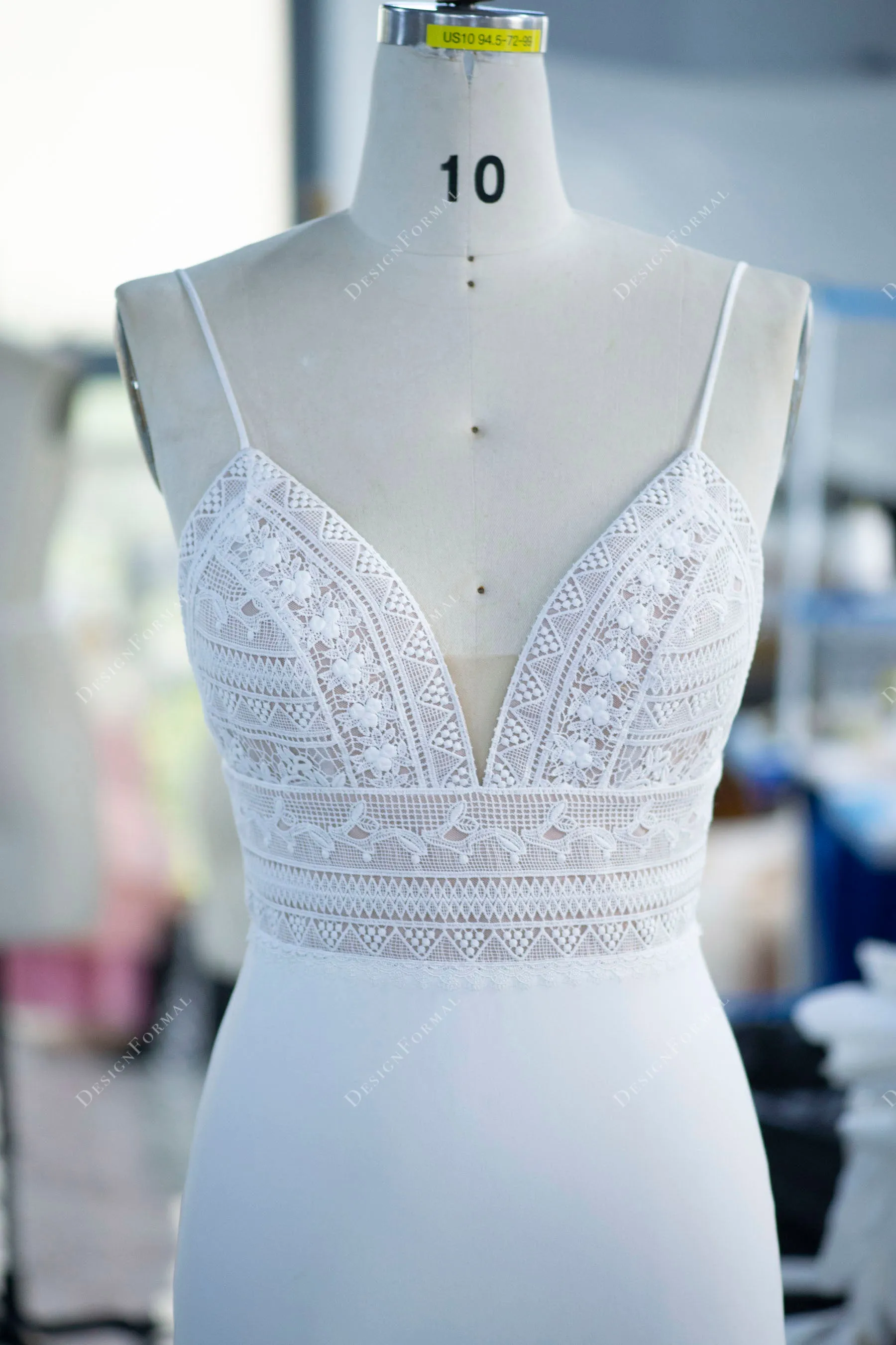 Boho Lace Plunging Empire Elegant Crepe Mermaid Wedding Dress