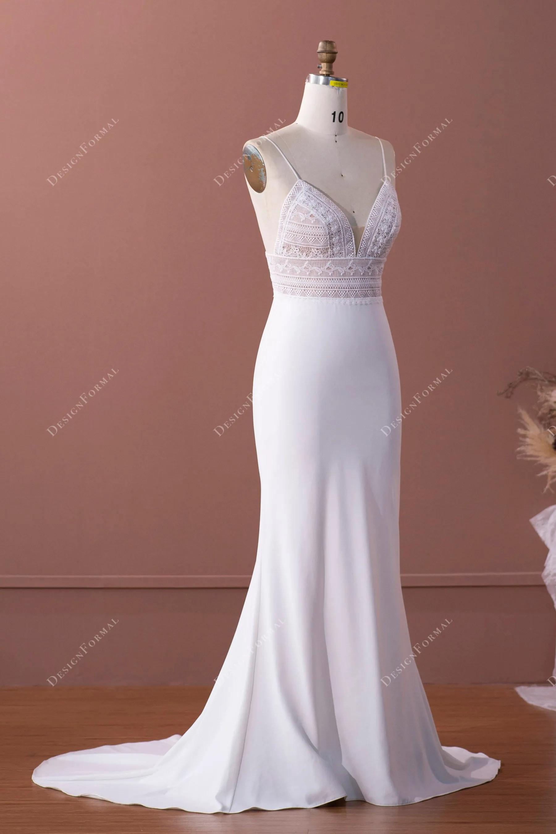 Boho Lace Plunging Empire Elegant Crepe Mermaid Wedding Dress