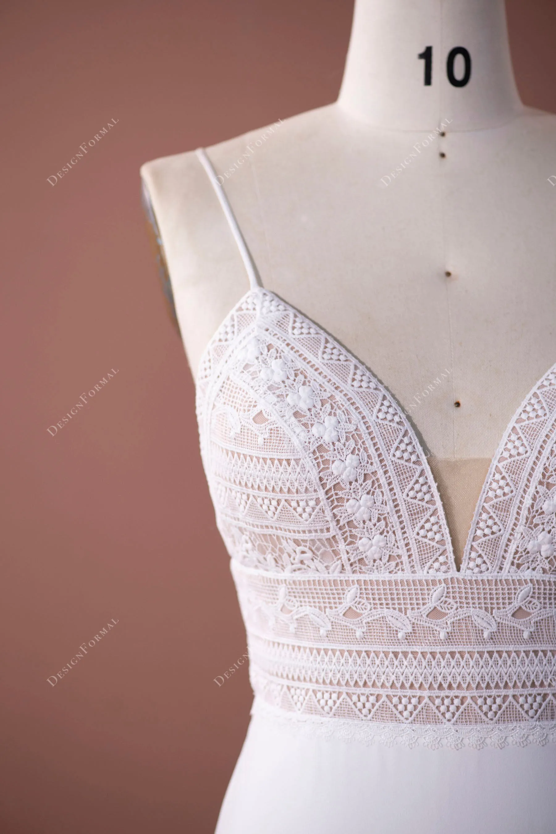 Boho Lace Plunging Empire Elegant Crepe Mermaid Wedding Dress