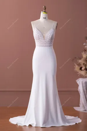 Boho Lace Plunging Empire Elegant Crepe Mermaid Wedding Dress