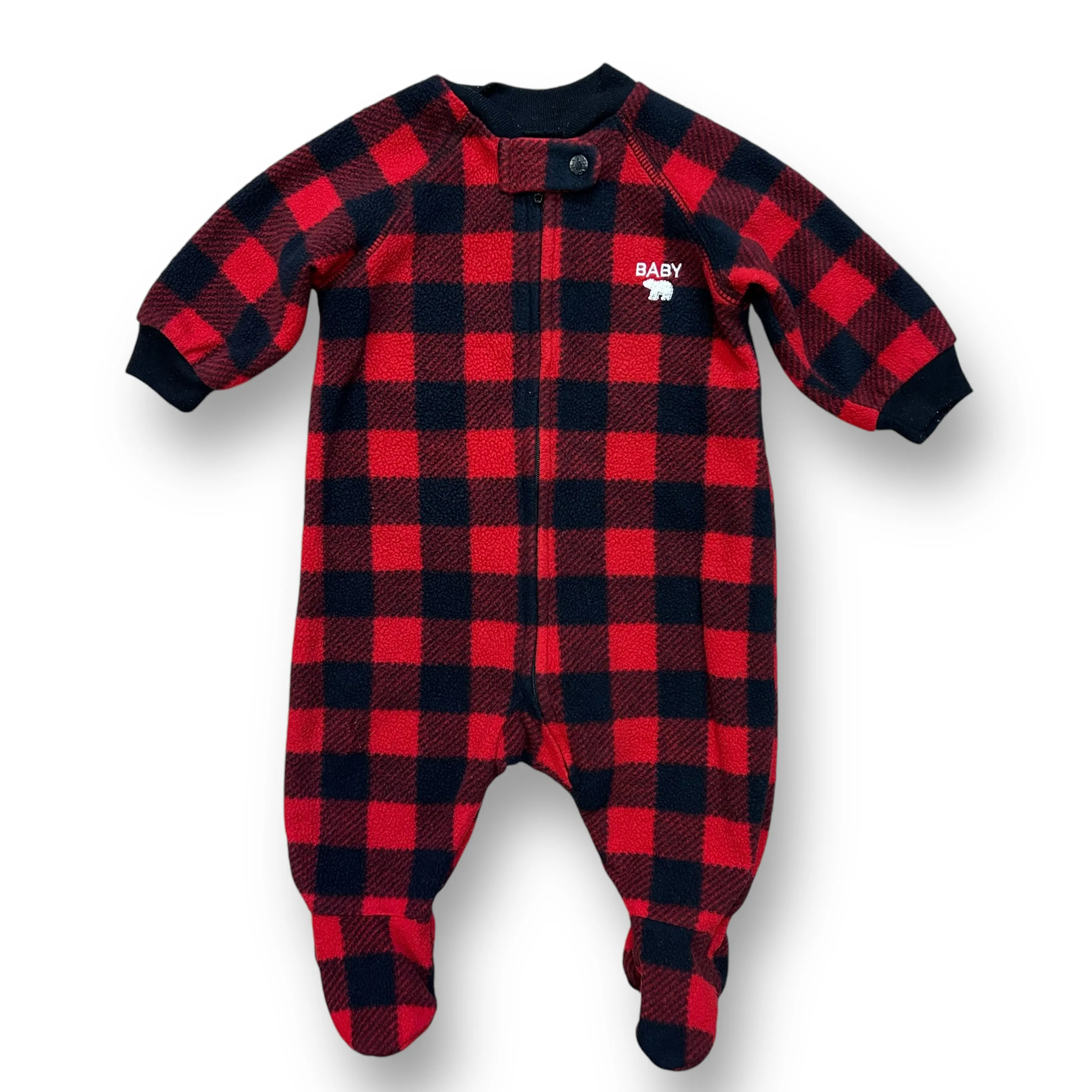 Boys Children's Place Size 0-3 Months Red & Black Plaid Zip Footie Pajamas