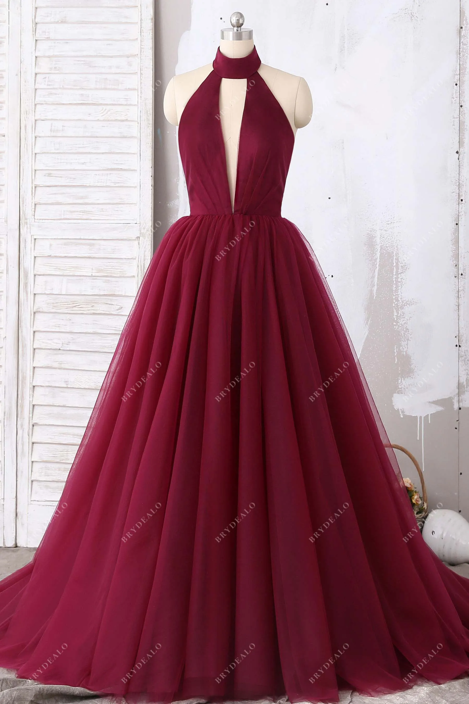 Burgundy Tulle Halter Open Back Prom Ball Gown