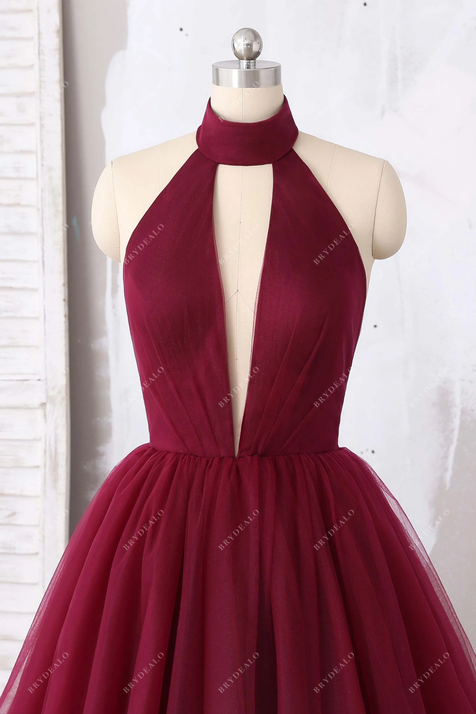 Burgundy Tulle Halter Open Back Prom Ball Gown