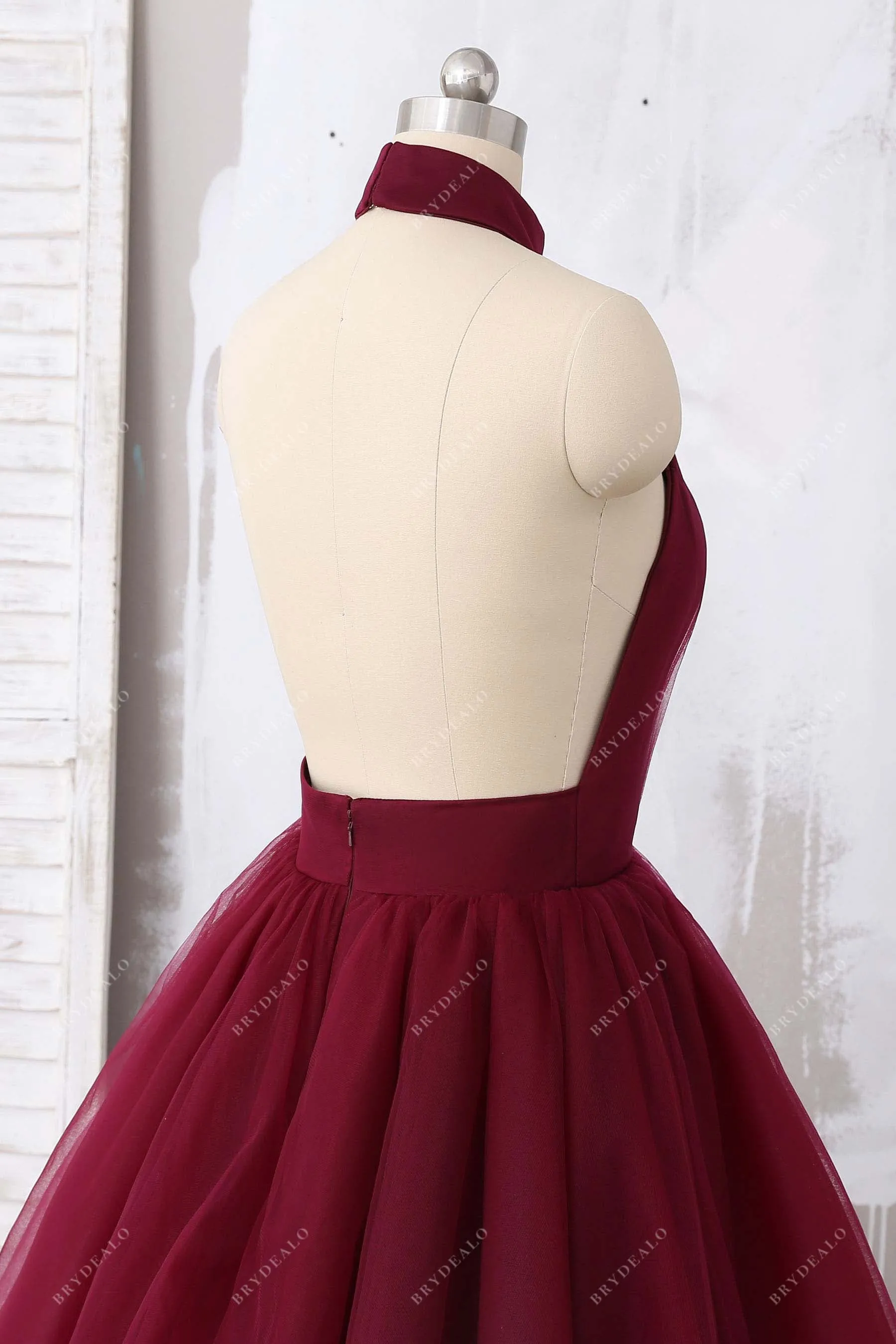 Burgundy Tulle Halter Open Back Prom Ball Gown