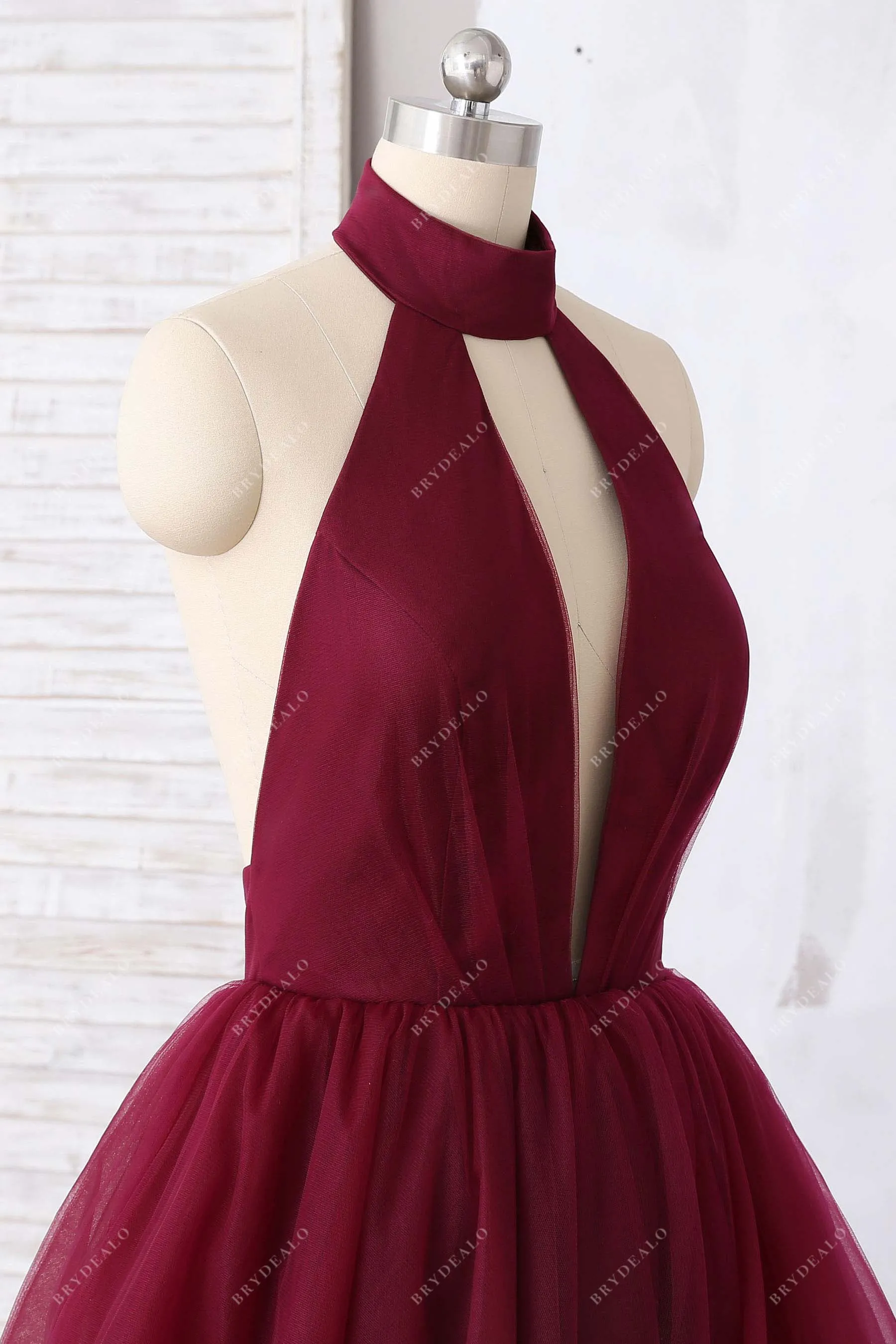 Burgundy Tulle Halter Open Back Prom Ball Gown