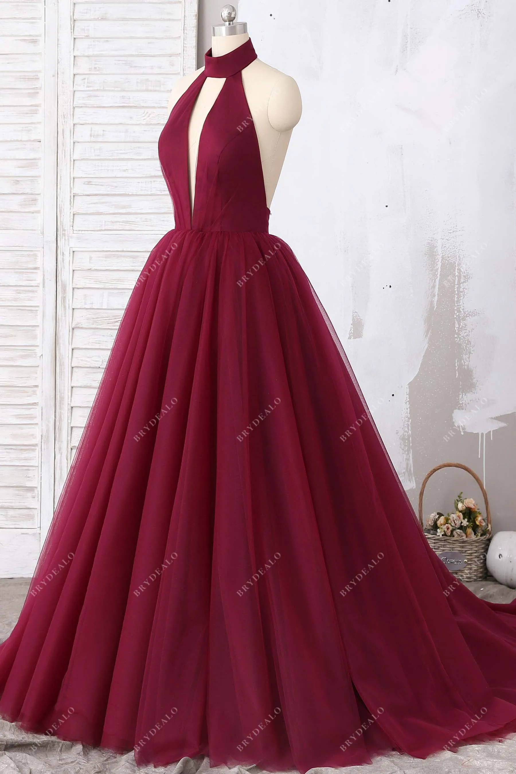 Burgundy Tulle Halter Open Back Prom Ball Gown