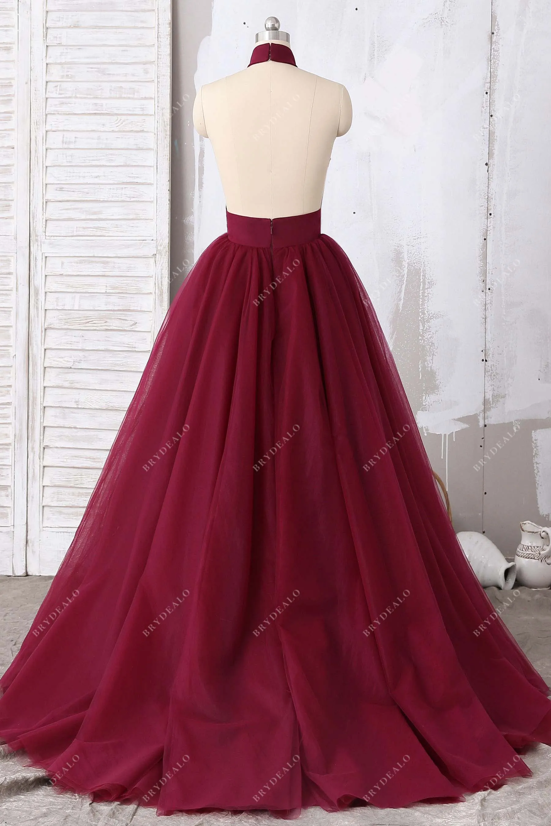 Burgundy Tulle Halter Open Back Prom Ball Gown
