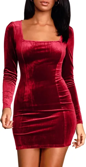 cailami Women's Sexy Bodycon Long Sleeve Velvet Elegant Mini Homecoming Party Dresses