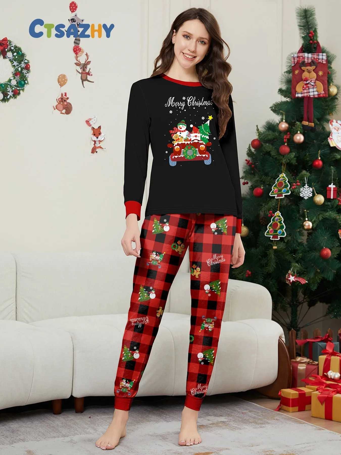 Car Snowman Printed Family Matching Christmas Pajamas Sets