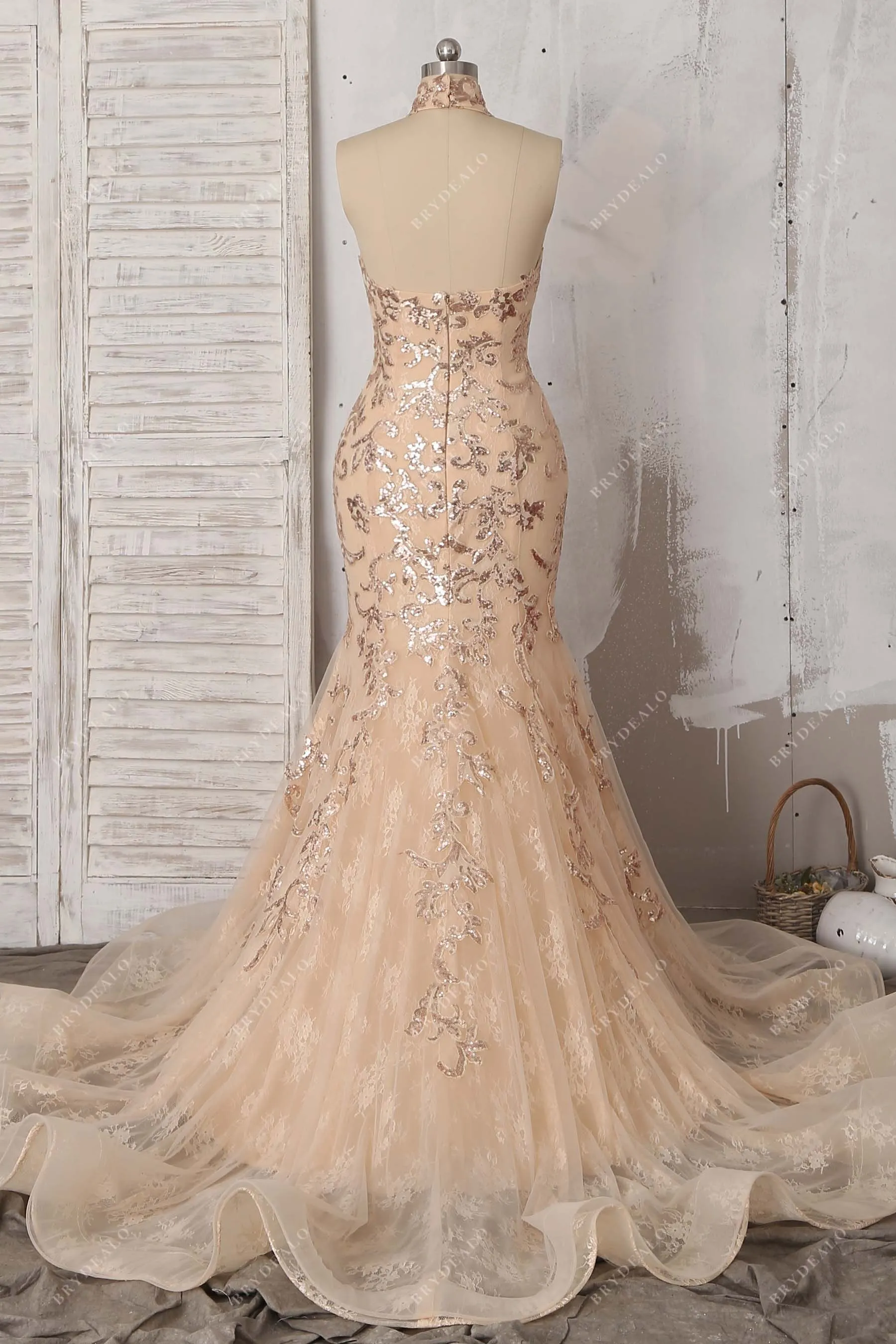 Champagne Gold Sequin Lace Mermaid Prom Dress