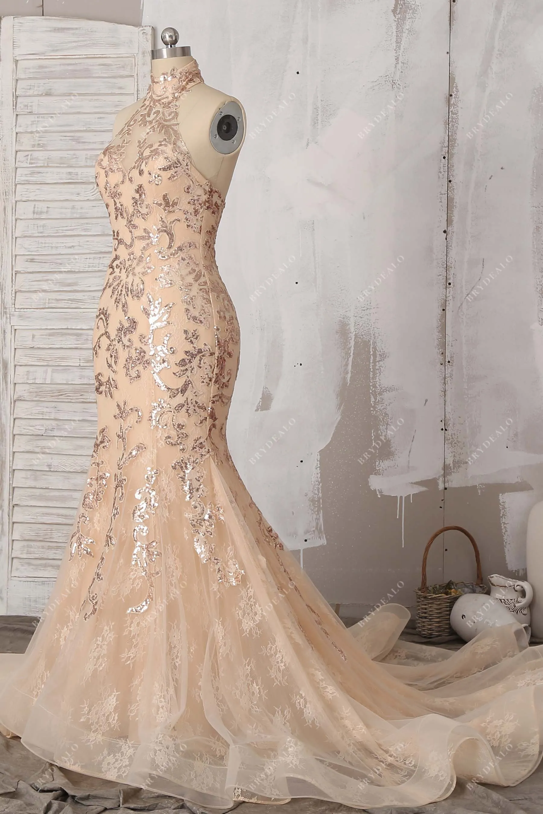 Champagne Gold Sequin Lace Mermaid Prom Dress