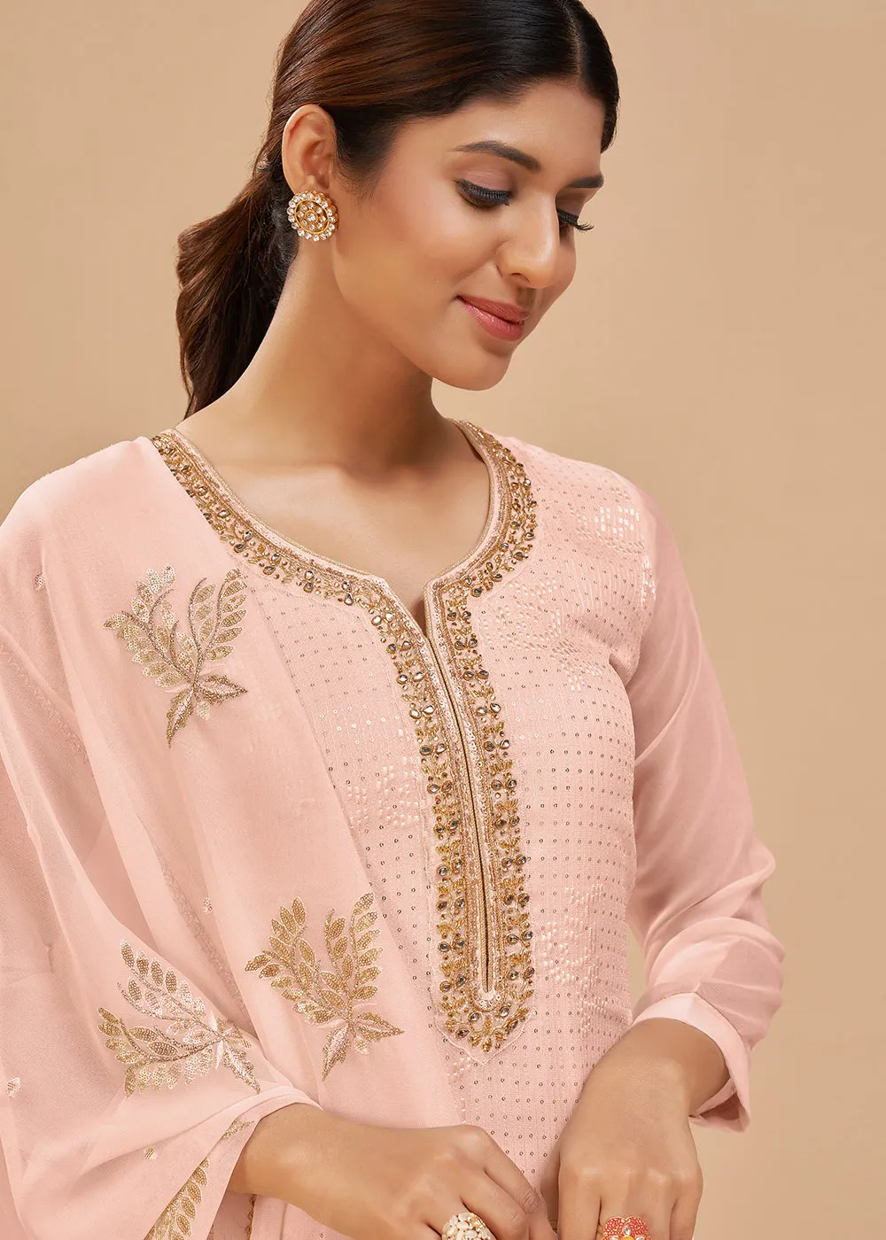 Charming Peach Sequins & Khatli Work Festive Palazzo Suit