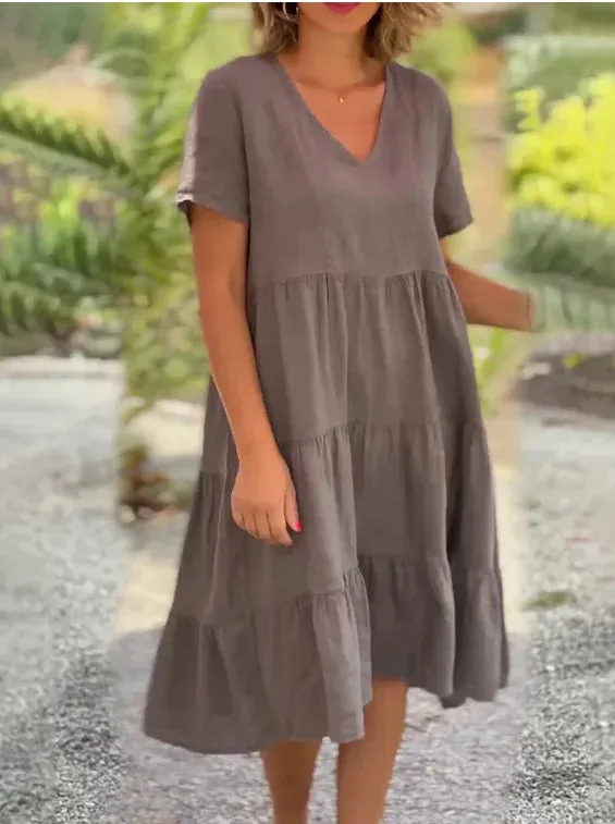 Cotton And Linen Casual Women's Dresses 2023 Spring/Summer Sweet  Short Sleeve Solid V-neck Large Swing Loose Dress  S-5XL