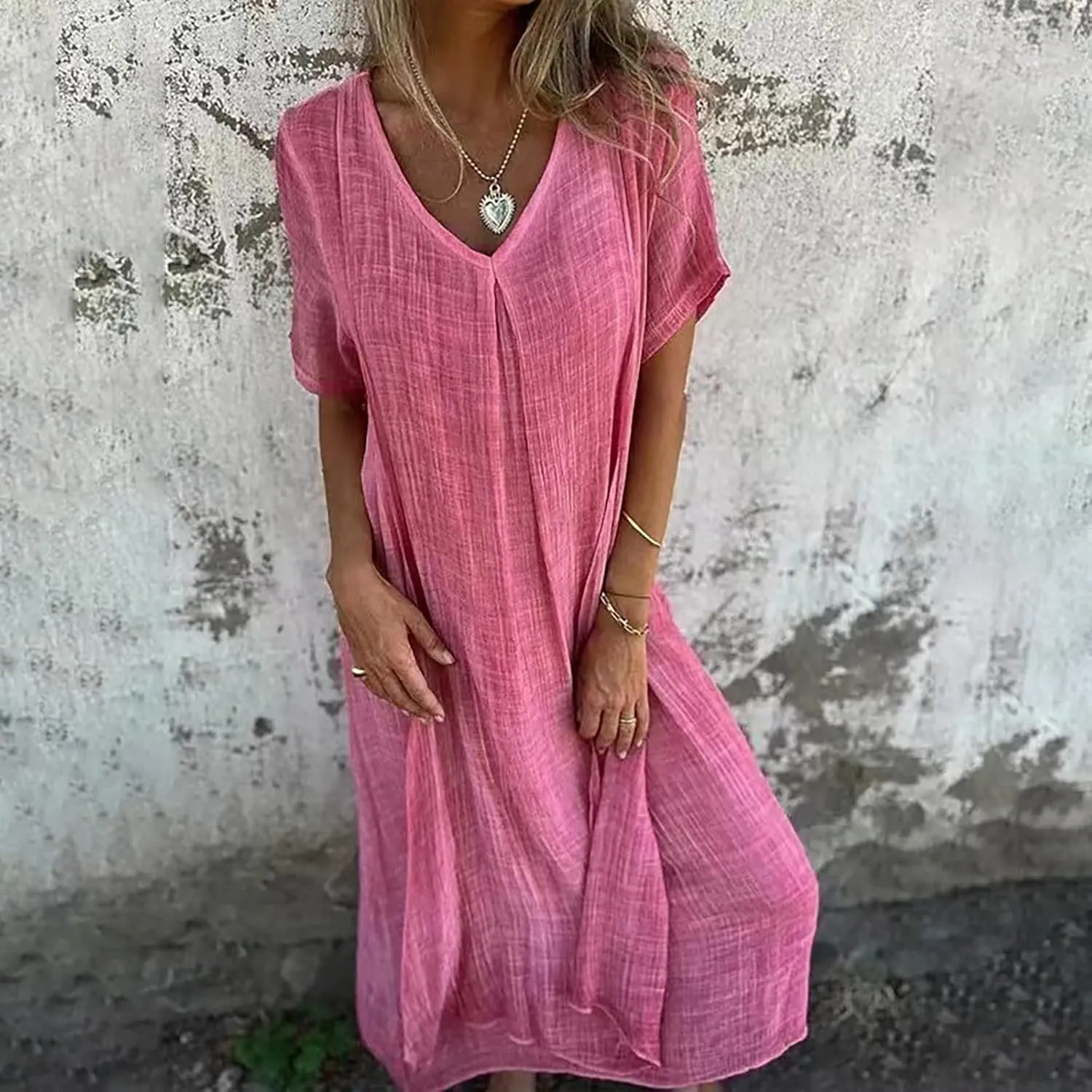 Cotton and Linen V-Neck Midi Dress Summer Short Sleeve Solid Flowy Bohemian Style Casual Loose Dressy Soft Dresses