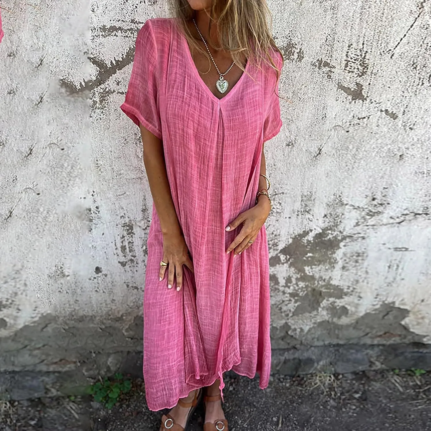 Cotton and Linen V-Neck Midi Dress Summer Short Sleeve Solid Flowy Bohemian Style Casual Loose Dressy Soft Dresses