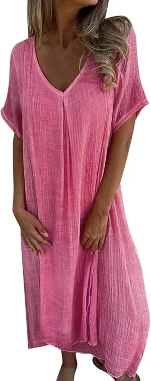 Cotton and Linen V-Neck Midi Dress Summer Short Sleeve Solid Flowy Bohemian Style Casual Loose Dressy Soft Dresses