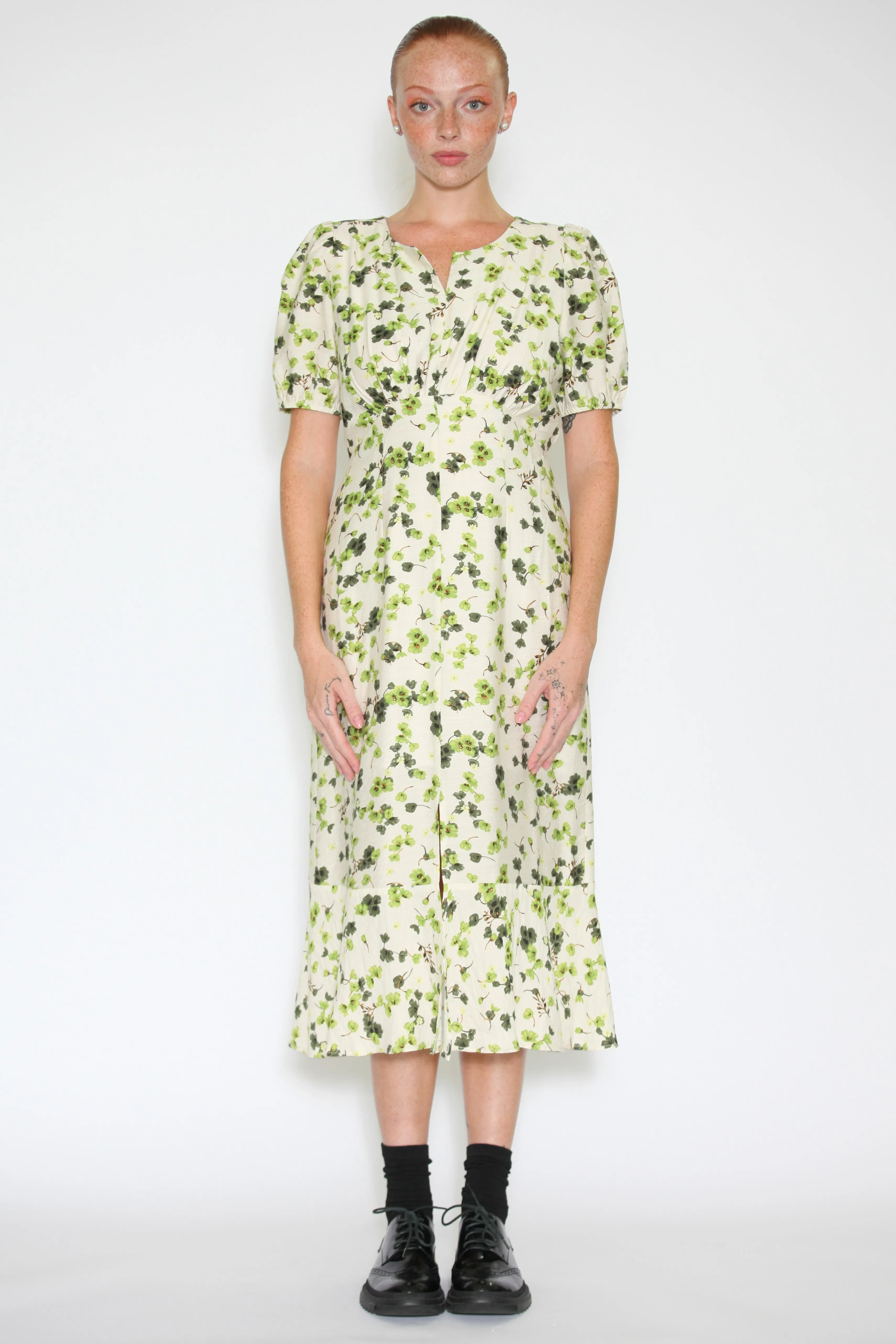 Cotton Linen Green Floral Dress
