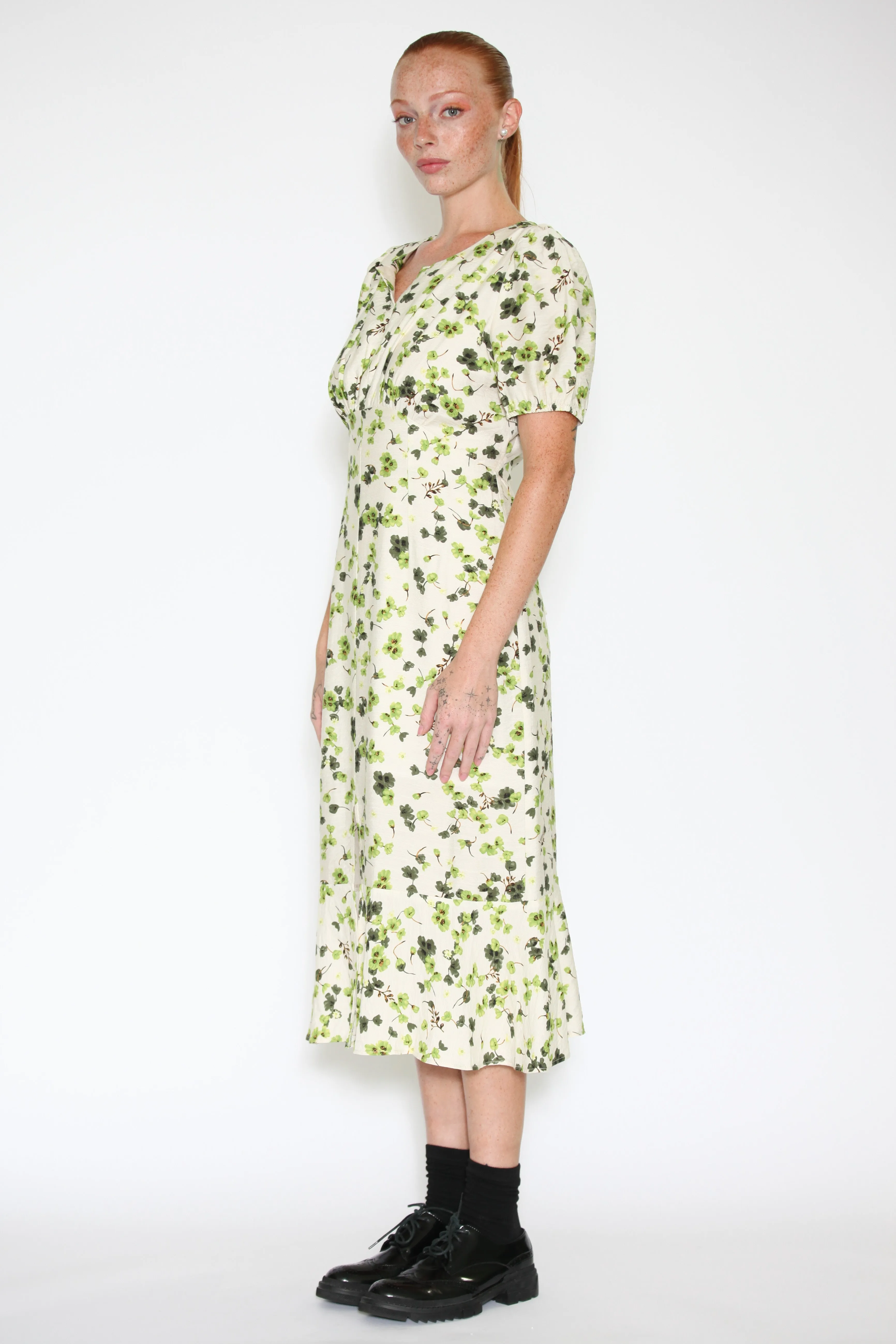 Cotton Linen Green Floral Dress