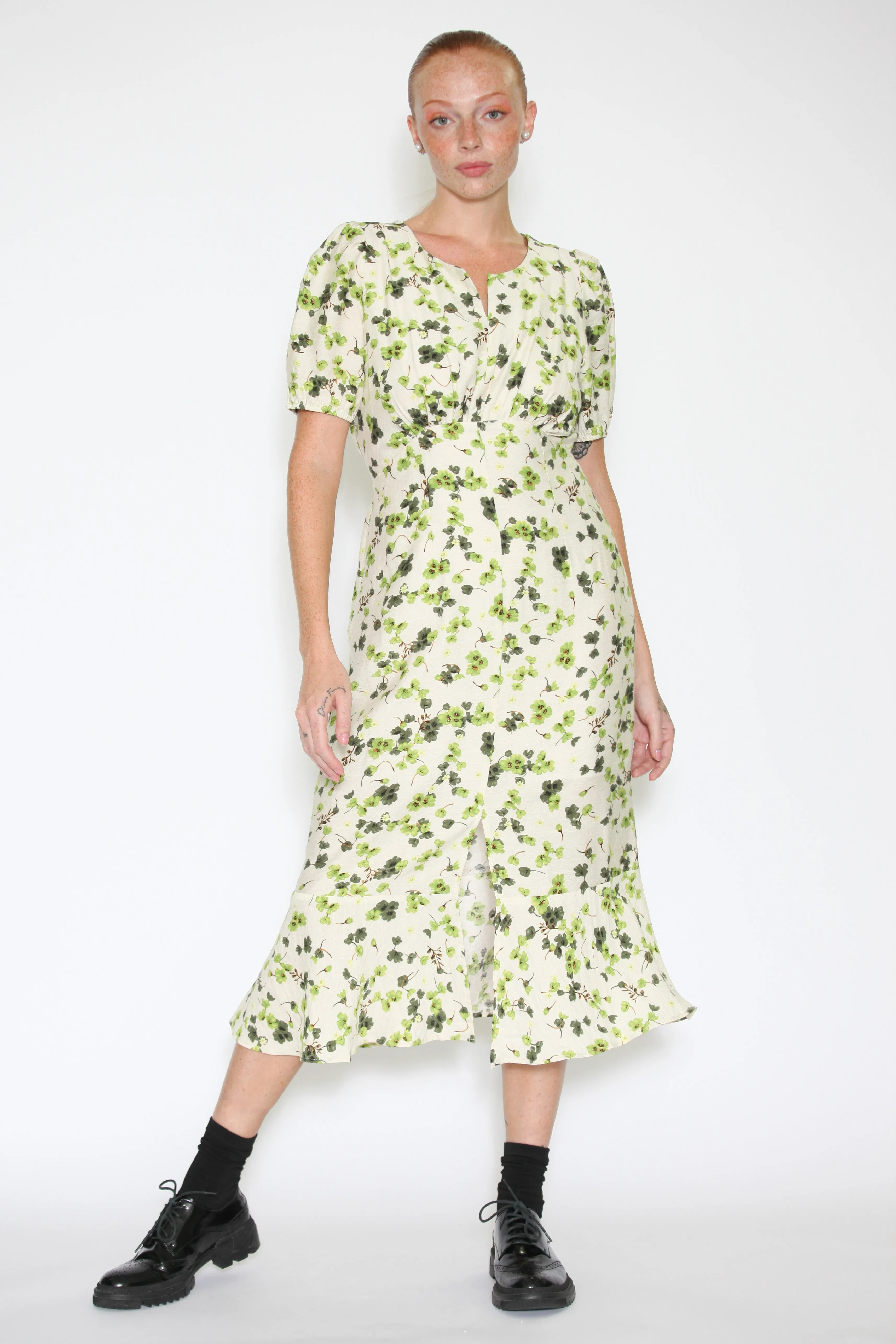 Cotton Linen Green Floral Dress