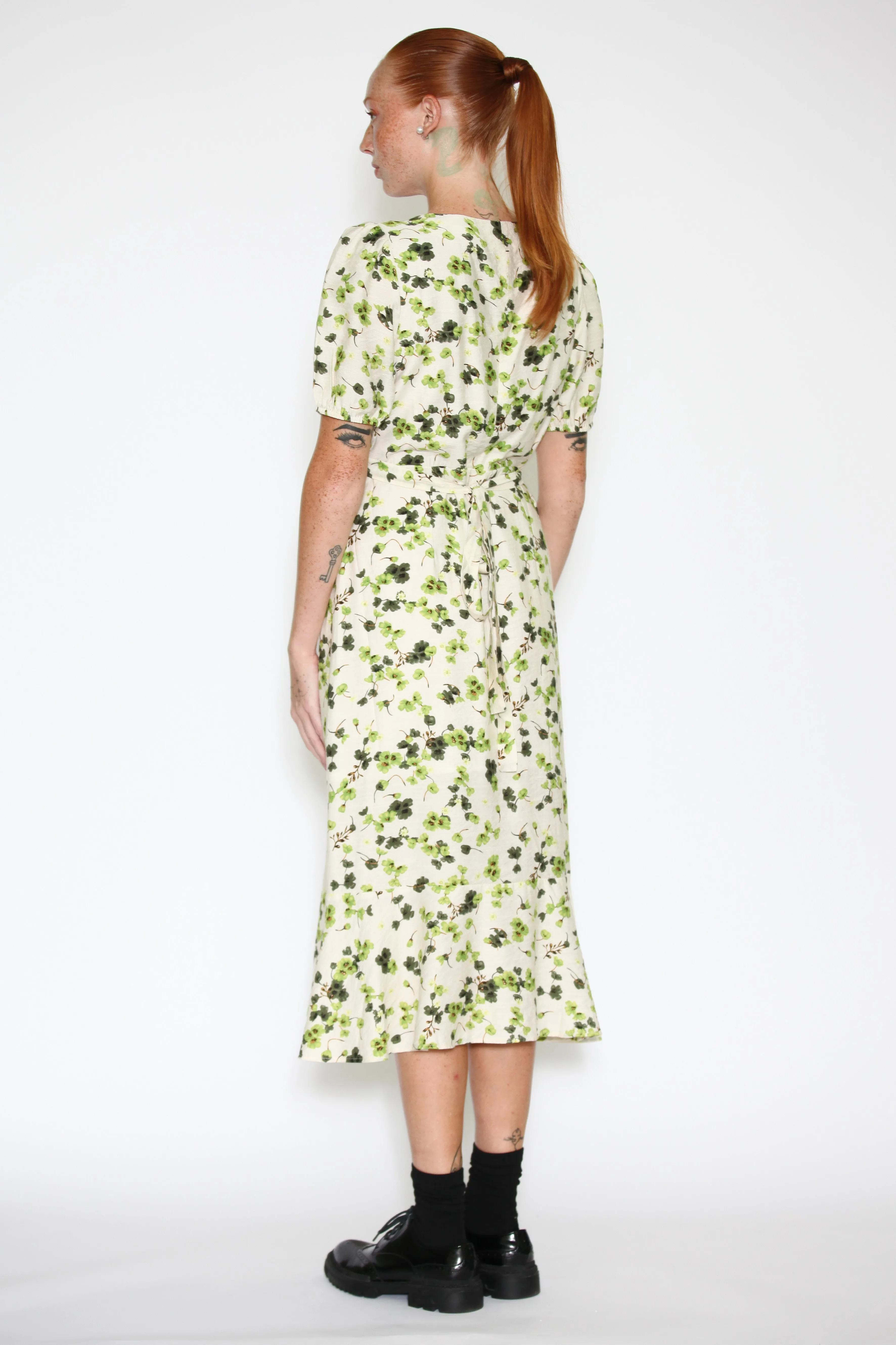 Cotton Linen Green Floral Dress
