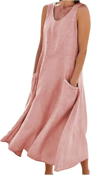 Cotton Linen Maxi Dress for Women Summer Boho Casual Beach Dresses Sleeveless Solid Long Dress Vacation Outfits