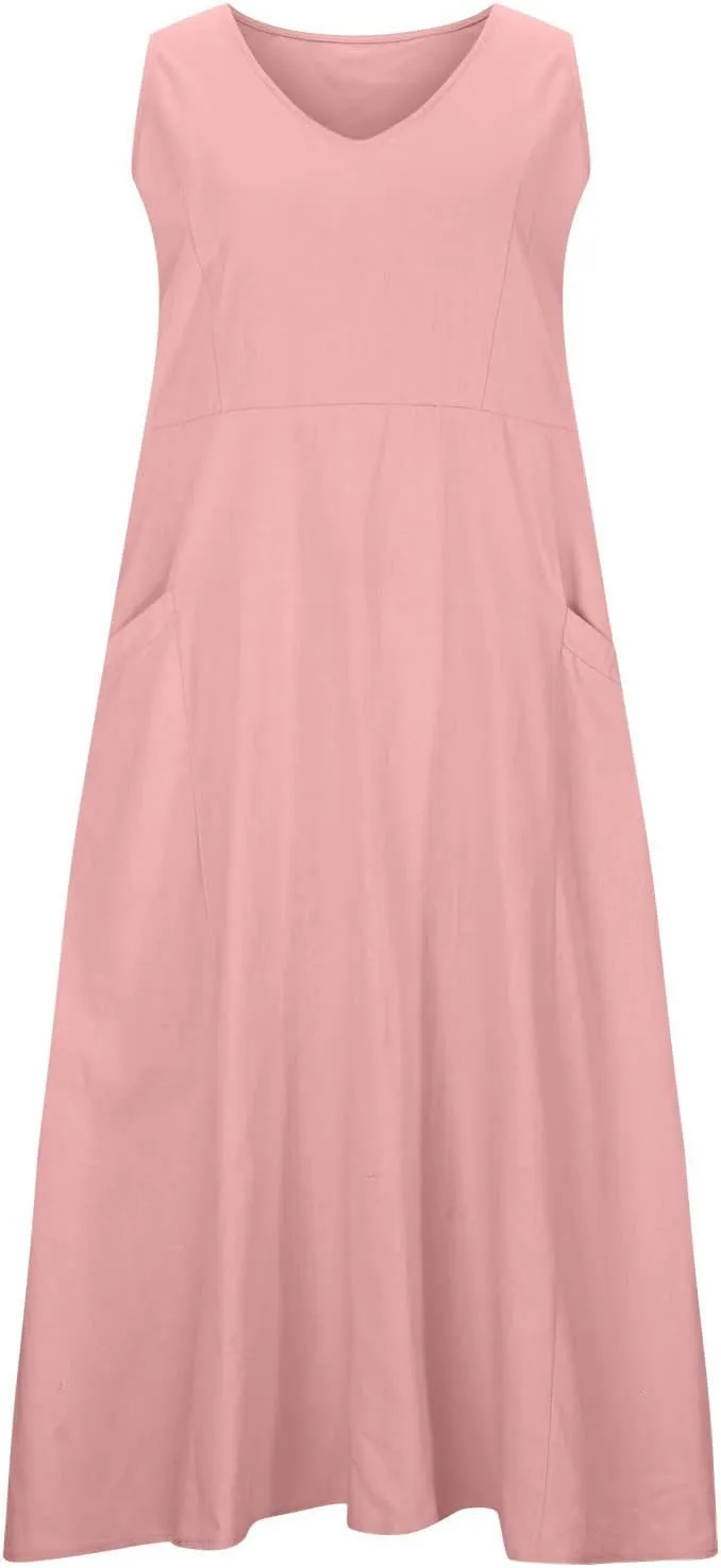 Cotton Linen Maxi Dress for Women Summer Boho Casual Beach Dresses Sleeveless Solid Long Dress Vacation Outfits