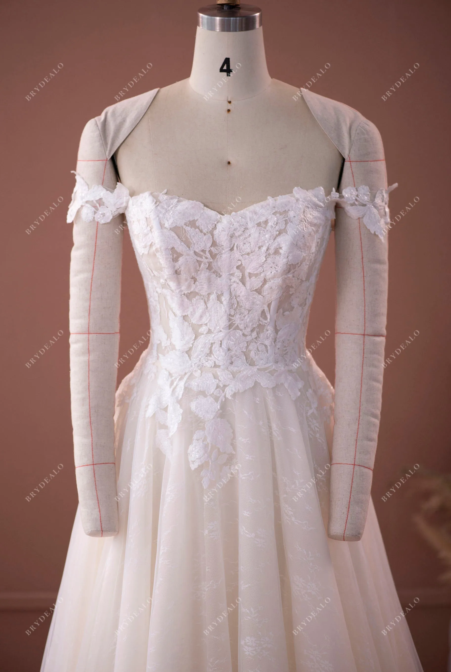 Court Train Ball Gown Lace Off Shoulder Champagne Wedding Dress