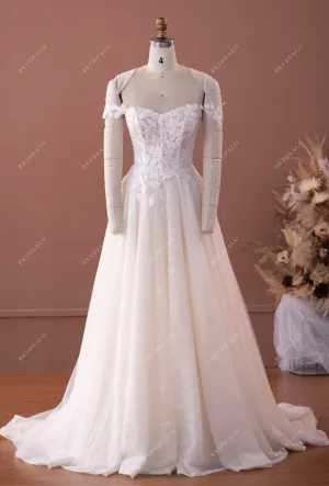 Court Train Ball Gown Lace Off Shoulder Champagne Wedding Dress
