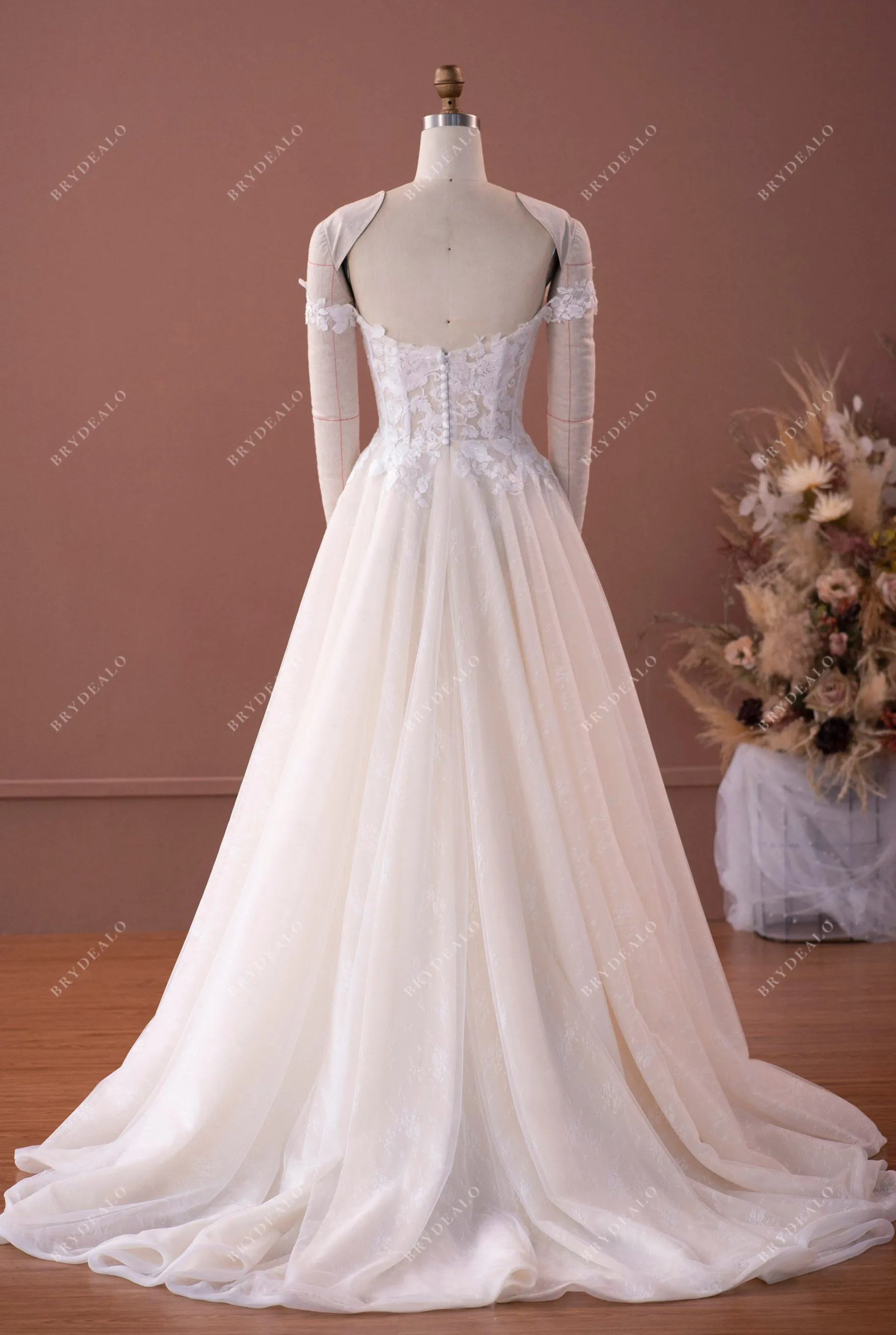 Court Train Ball Gown Lace Off Shoulder Champagne Wedding Dress
