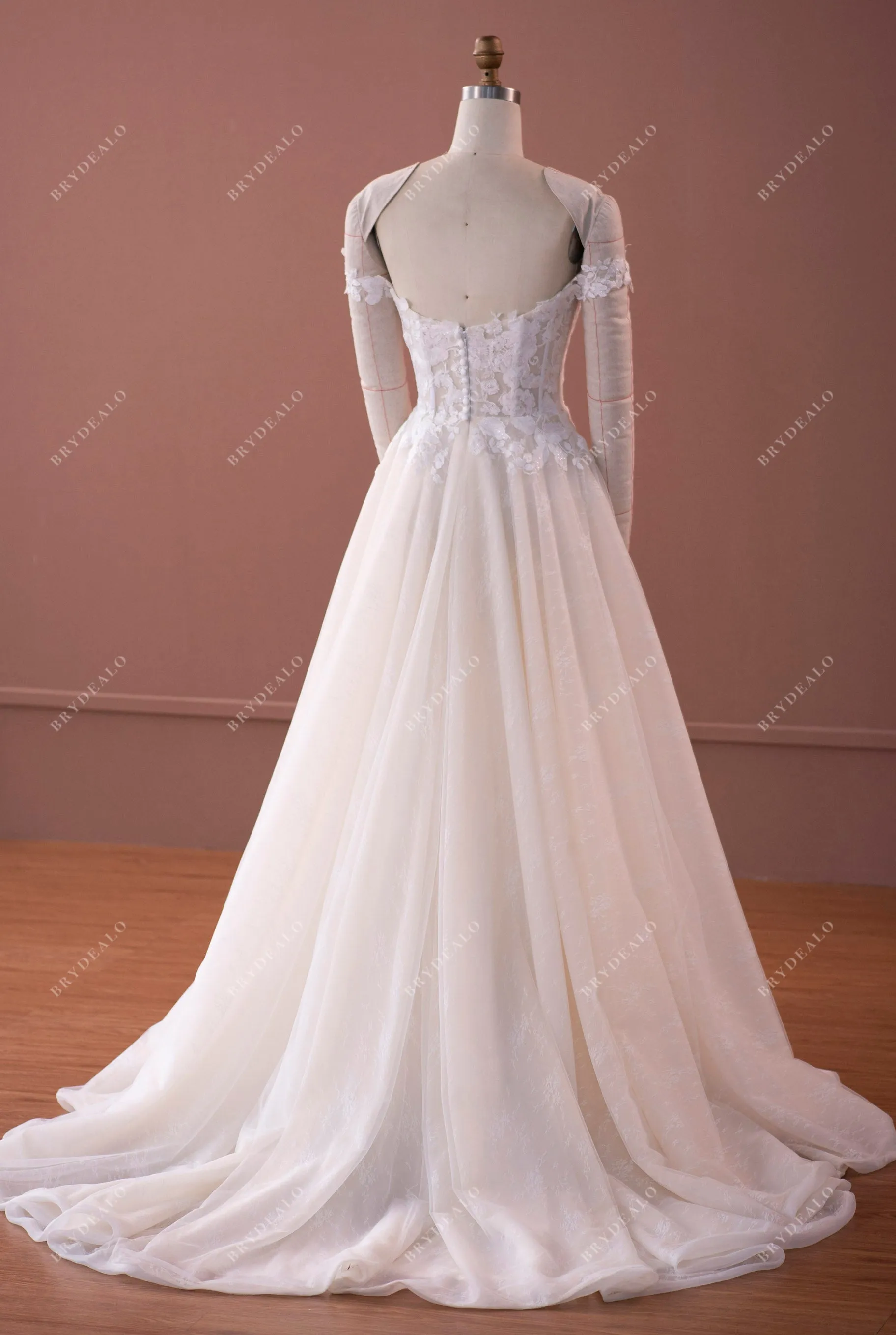 Court Train Ball Gown Lace Off Shoulder Champagne Wedding Dress