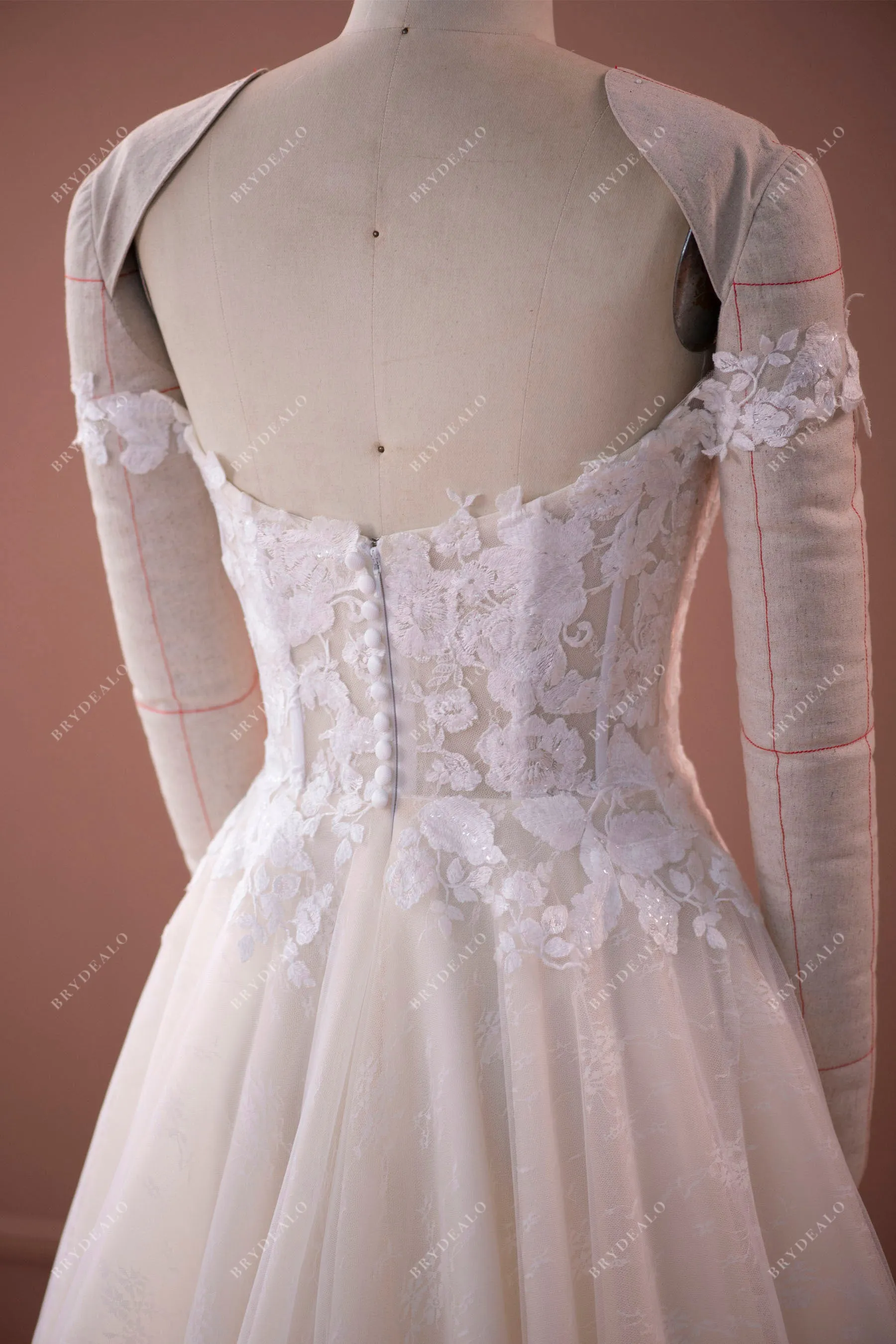 Court Train Ball Gown Lace Off Shoulder Champagne Wedding Dress